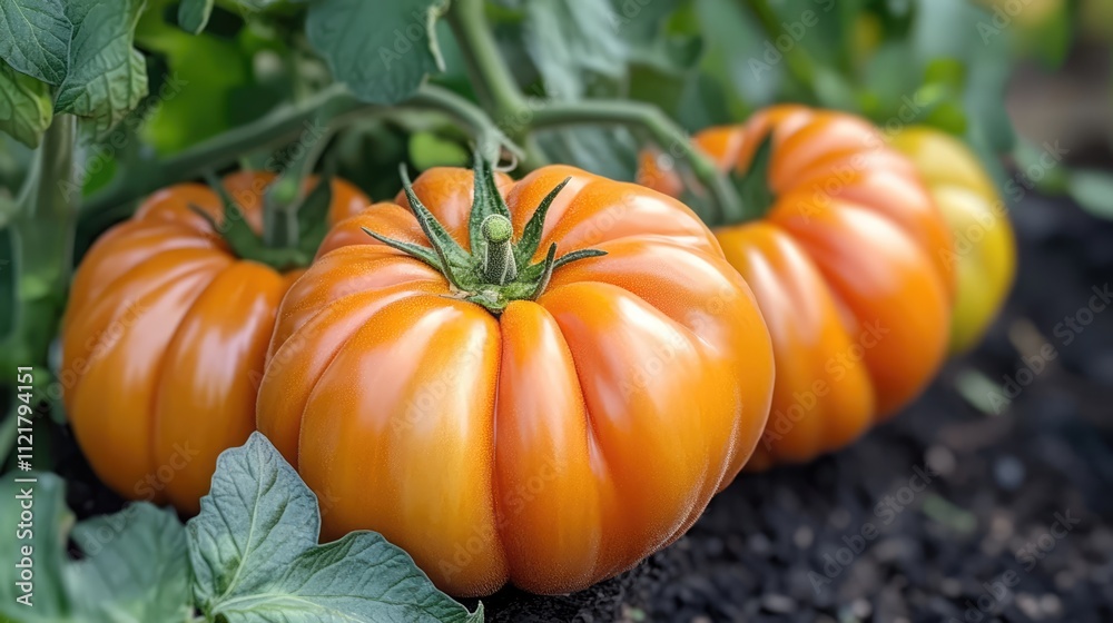 Poster orange heirloom tomatoes growing in a garden setting showcasing their vibrant color and unique textu