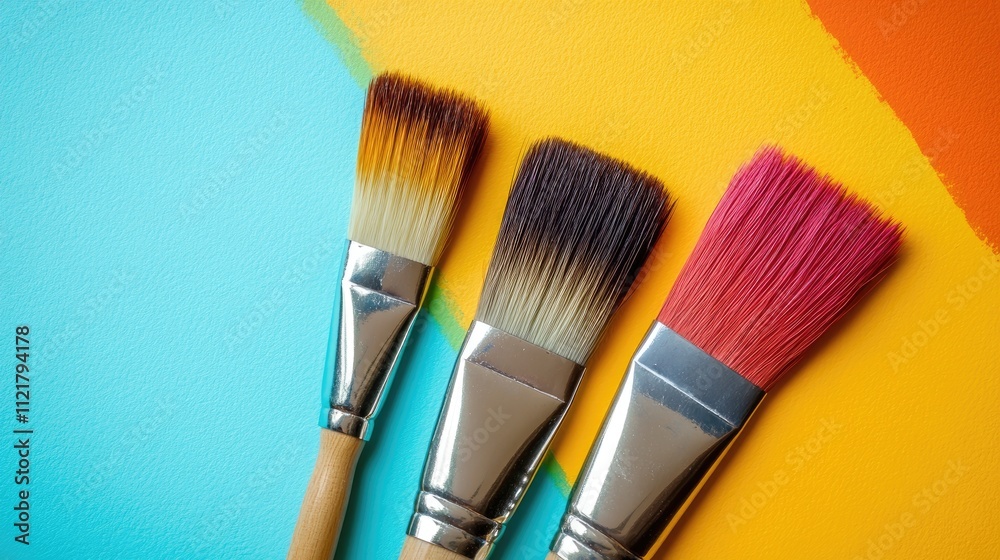 Poster Three vibrant paintbrushes displayed on a colorful abstract background showcasing creativity and artistic expression.