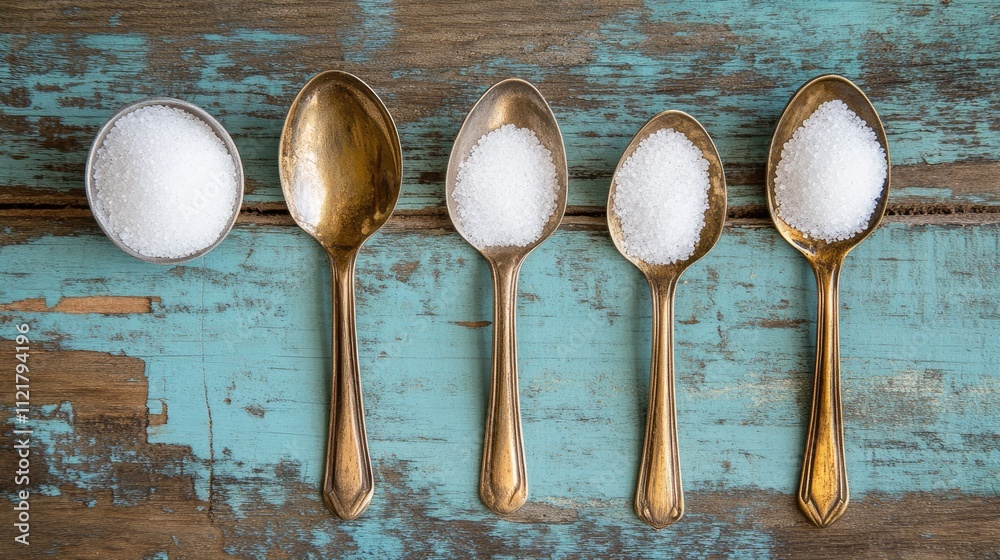 Aufkleber spoons with salt arranged on a vintage wooden background highlighting texture and culinary themes