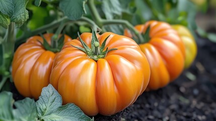 Obraz premium Orange heirloom tomatoes growing in a garden setting showcasing their vibrant color and unique texture surrounded by lush green leaves.