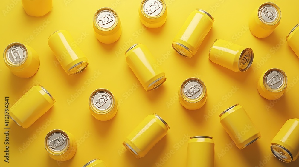 Aufkleber unopened cans in a vibrant arrangement on a bright yellow background showcasing a modern and minimal