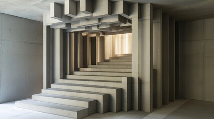 Modern architectural design featuring repetitive geometric structures and staircase elements in a minimalist interior space.