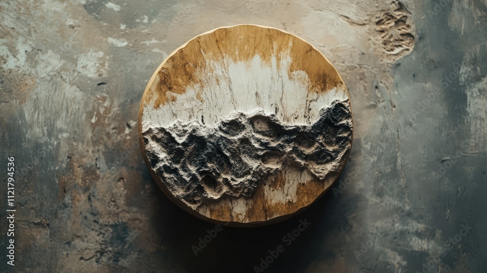Poster Abstract round wall art with textured surface showcasing natural elements on rustic background viewed from above.
