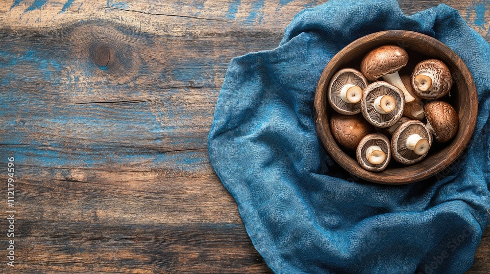 Poster top view of fresh portobello mushrooms in a rustic wooden bowl on blue cloth over a weathered wooden