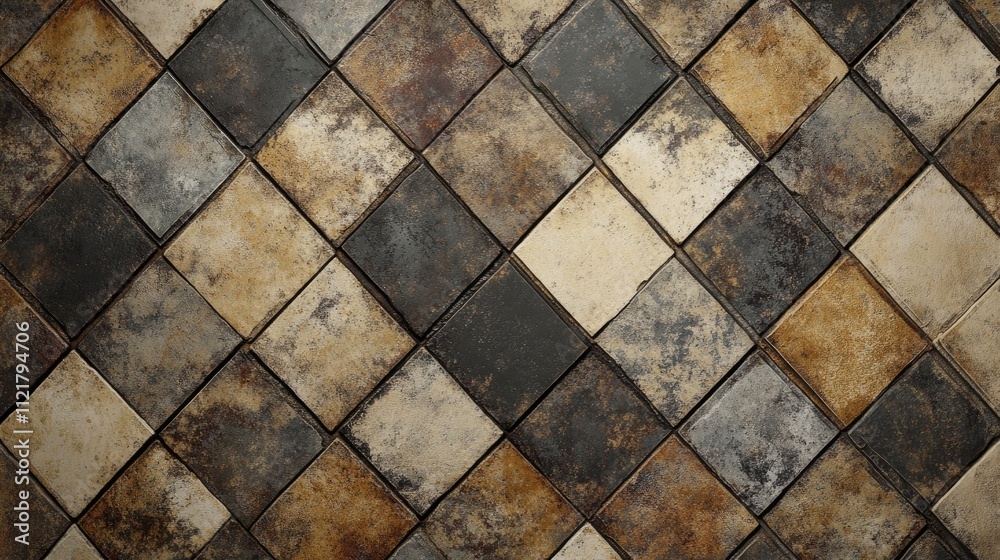 Poster Textured tiled floor pattern in earthy tones showcasing a rustic diamond layout suitable for backgrounds and design projects.