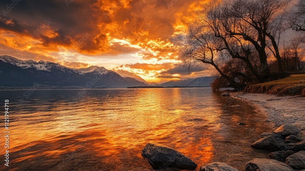 Poster golden sunset reflection on serene lake with dramatic clouds and silhouettes of trees creating a pic
