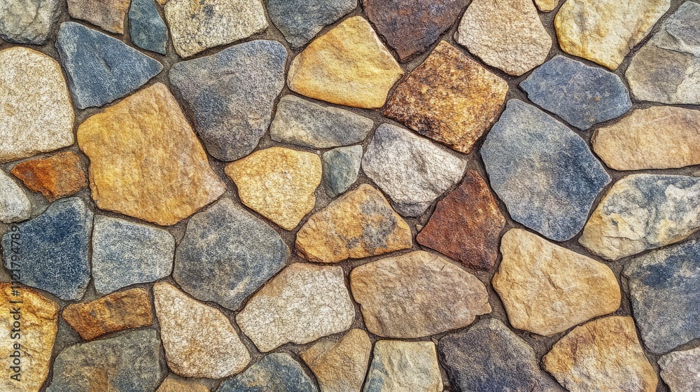 Poster granite cobblestone pavement texture in perspective close-up of a rustic stone surface with varied c