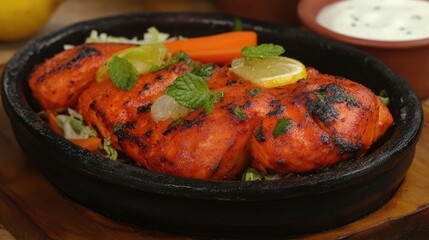 Tandoori pomfret fish served on a sizzling plate garnished with lemon mint salad and accompanied by a side of yogurt dip