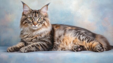 Obraz premium Portrait of a majestic Maine Coon cat with striking features resting against a soft light blue background in a studio setting