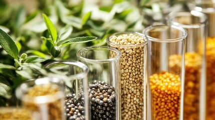 Test tubes containing selected plant seeds in a laboratory setting for agricultural research and grain analysis