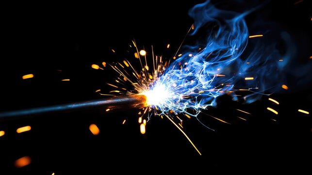 Thermit Welding Process Creating Sparks and Bright Flames in a Dark Environment