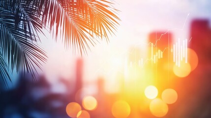 Financial data visualization with charts and graphs overlaid on a tropical twilight background featuring silhouetted palm trees and urban lights.
