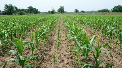 Aerial view of lush green young corn rows in a rural agricultural field under clear blue skies showcasing vibrant growth and farming landscape