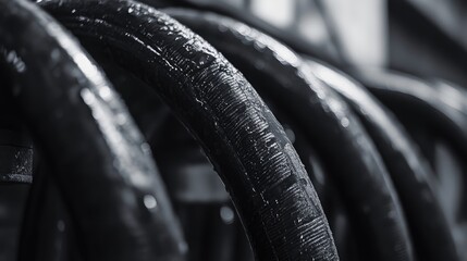 Industrial supply line hoses stacked with moisture highlighting their texture and durability in a professional setting