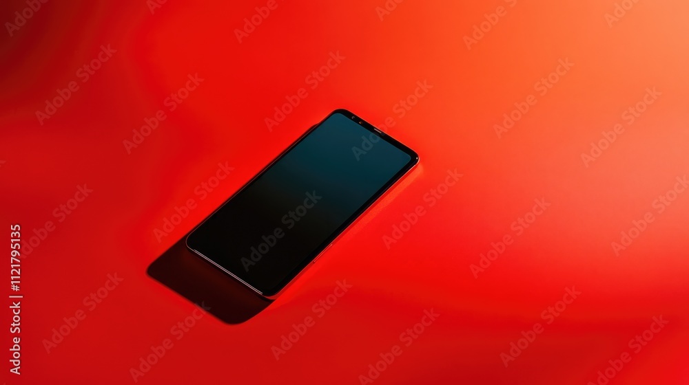 Poster modern smartphone positioned on vibrant red surface creating a striking visual contrast showcasing t