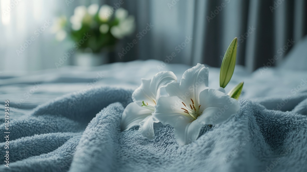 Poster soft terry towels adorned with white lilies on a cozy bed creating a serene and inviting indoor atmo