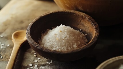 Fototapeta premium Natural sea salt in a rustic wooden bowl with a wooden spoon set against a textured background for culinary and wellness themes