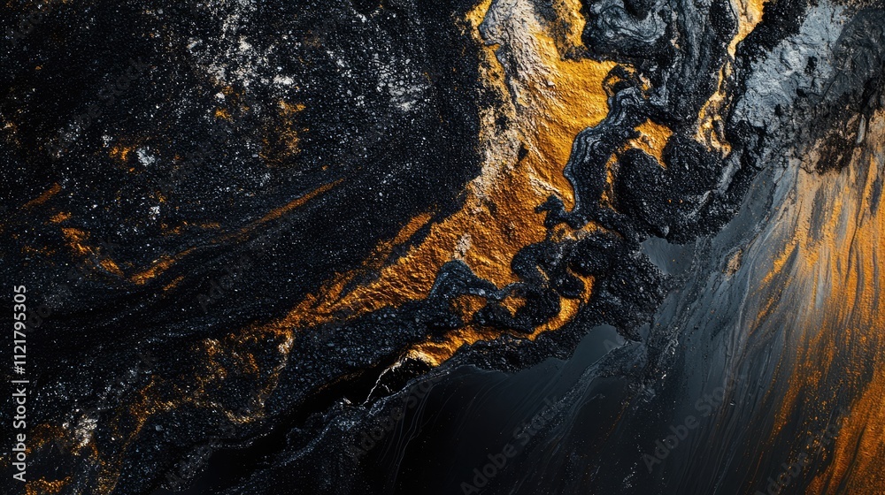 Poster aerial view of textured black coal with golden highlights suitable for industrial use or as a dramat