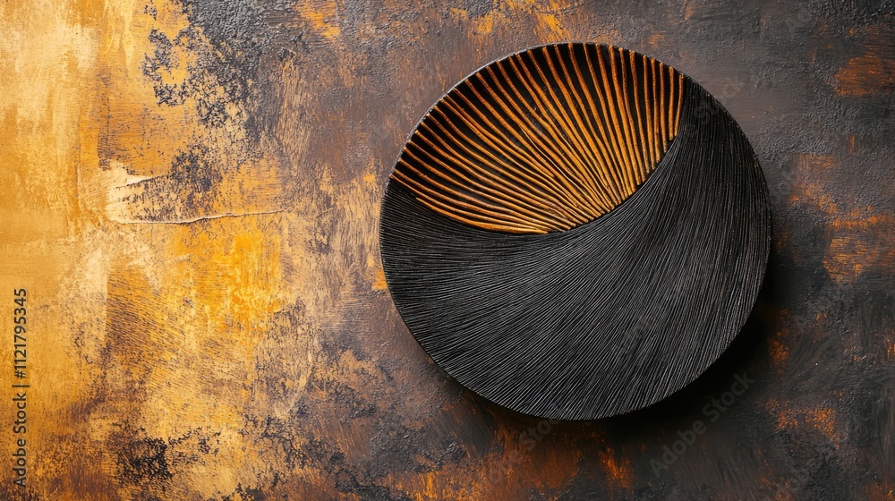 Poster Abstract round wall art with intricate black and gold design displayed on textured warm background for artistic home decor inspiration
