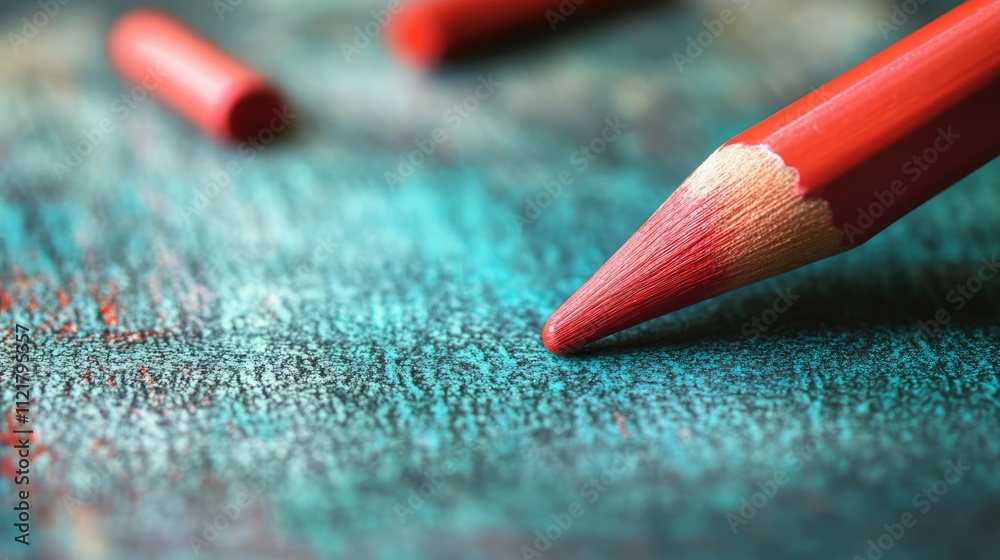 Poster artistic close-up of red pastel pencil and pieces on teal textured paper background for creative and
