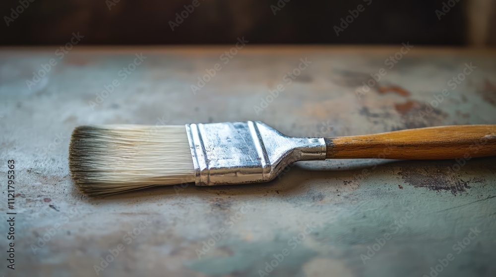 Poster paint brush with wooden handle and soft bristles resting on a weathered surface ideal for home decor