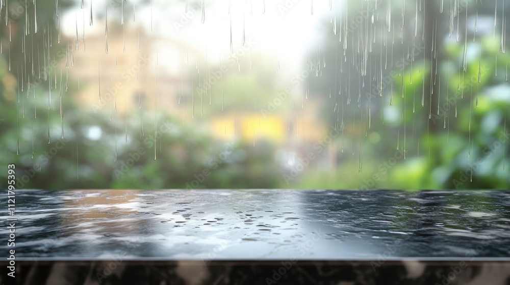 Poster Marble tabletop with blurred window background and rain creating a serene atmosphere for product display or montage in morning light