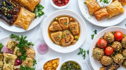 Assorted baklava varieties served on white plates with garnishes and sauces for traditional Middle Eastern dessert celebration