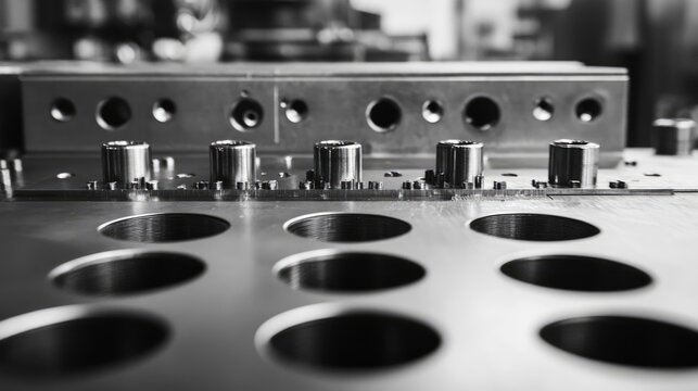Precision Sheet Metal Stamping Tool Die Display in High-Quality Technology Workshop Black and White Imagery Focused on Manufacturing Details