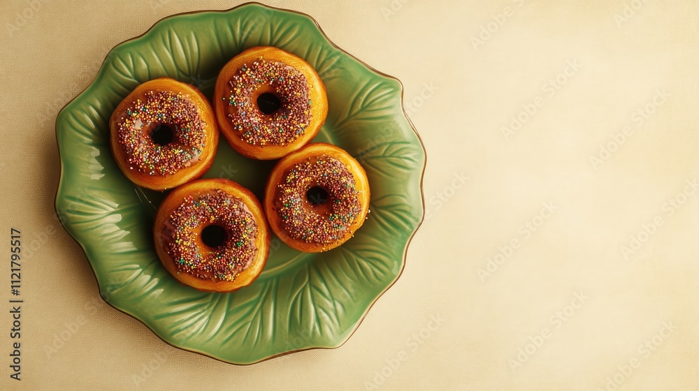 Poster assorted donuts with chocolate sprinkles arranged on a green leaf plate against a beige background f
