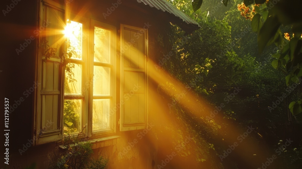 Poster Sunlight streaming through open windows of a rustic country house surrounded by lush greenery in a serene summer setting