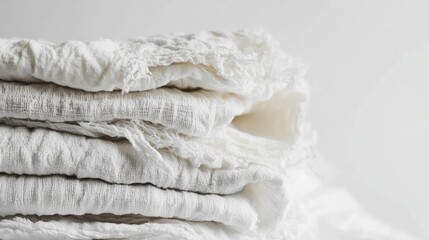 Obraz premium Textured stack of white blankets folded on a bed creating a serene and cozy atmosphere with a seamless light background for versatile use.