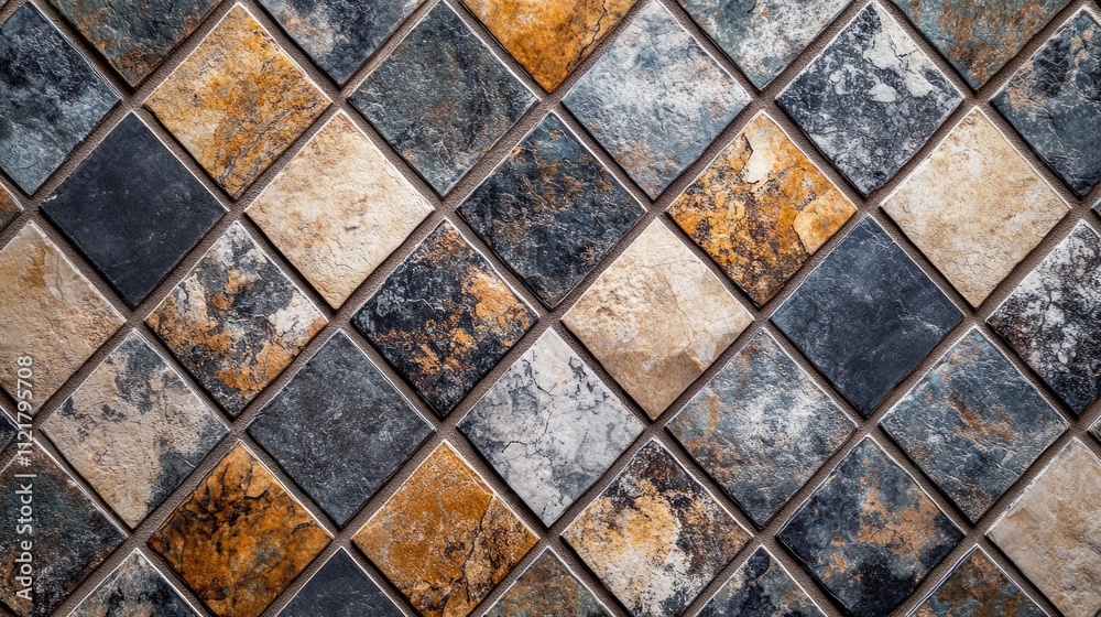 Poster Geometric ceramic tile background featuring textured diamond-shaped patterns in earthy tones of brown, gray, and orange