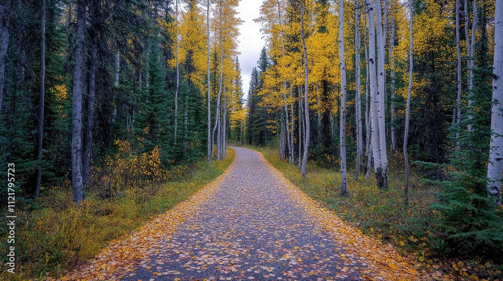 Poster Serene autumn forest path lined with vibrant foliage and fallen leaves creating a tranquil atmosphere for nature lovers and adventurers.