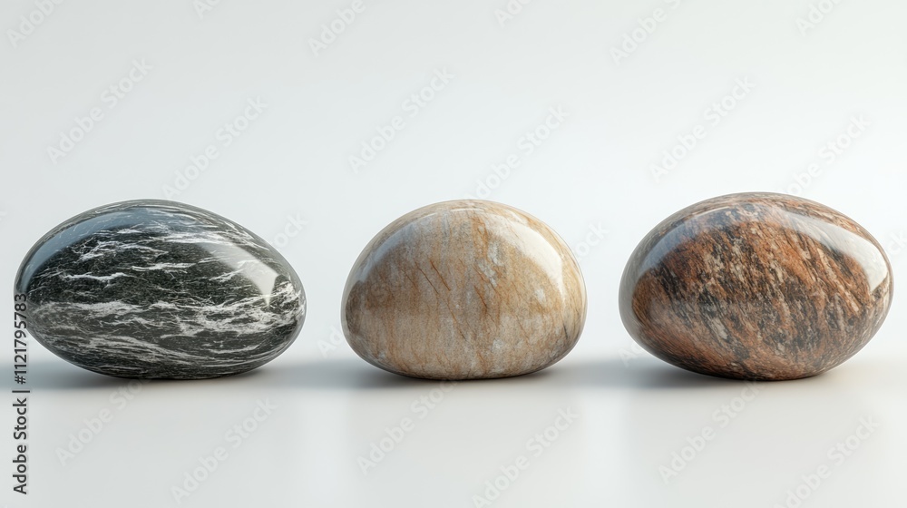 Poster Three smooth river stones of varying colors arranged on a neutral background displaying natural textures and earthy tones