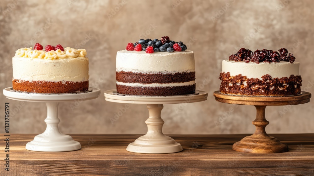 Poster elegant trio of cakes on assorted stands with macaroni sweets against neutral backdrop showcasing a 