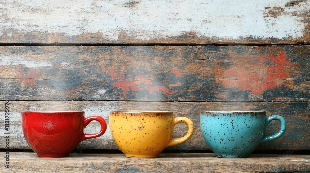 Poster three steaming cups of tea cappuccino and coffee espresso in vibrant colors on a rustic wooden backg