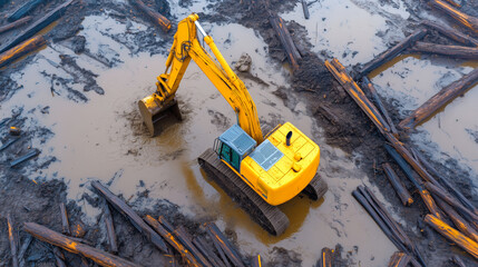Yellow excavator operating in muddy area with logs