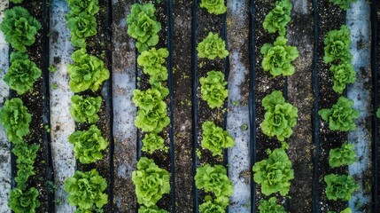 Obraz premium Aerial view of greenhouse vegetable cultivation showcasing rows of healthy lettuce plants growing in a well-organized organic garden.