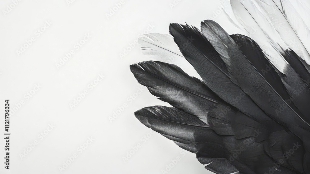Poster black and white feathers arranged elegantly on a minimalistic white background showcasing natural be