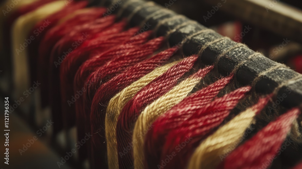 Poster Loom threads displaying rich colors illuminated by soft natural light showcasing textile craftsmanship and artistry
