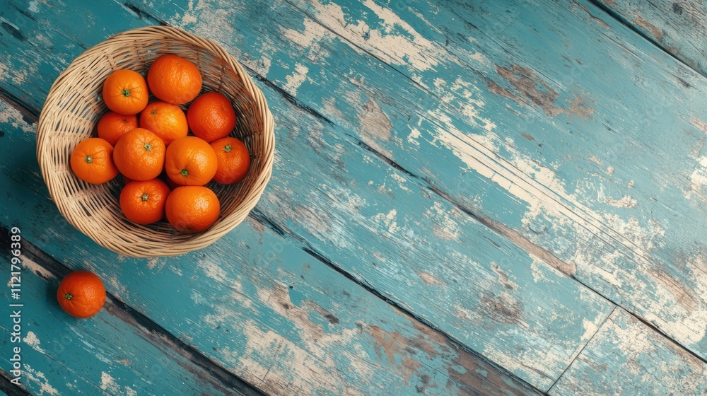 Poster Bountiful straw basket with fresh clementine oranges on a rustic painted wooden table with ample copy space for text or design elements
