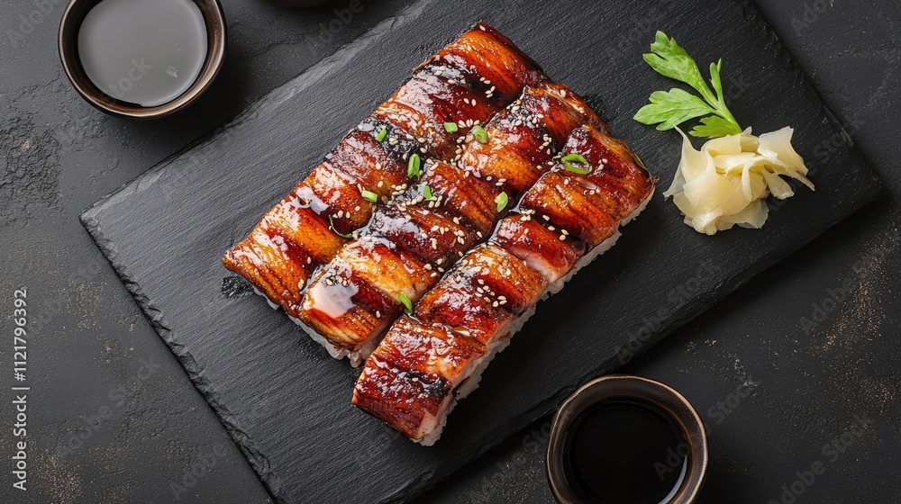Poster canada roll sushi with eel and unagi sauce served on a slate board alongside soy sauce wasabi and gi