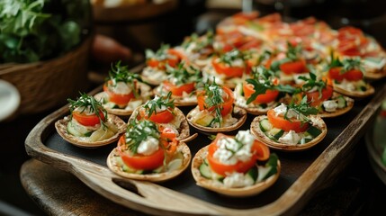 Fresh vegetable snacks elegantly arranged on a wooden tray showcasing vibrant flavors and healthy ingredients for an inviting presentation