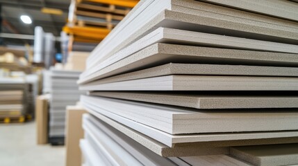 Obraz premium Stack of high-quality sound-insulated gypsum boards for construction, ideal for indoor concrete wall applications in hardware stores.