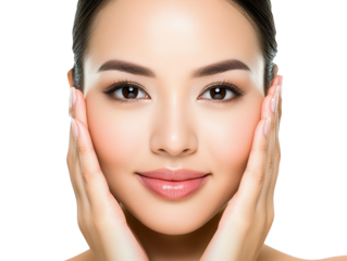 Woman's serene expression, hands gently cradle face in a moment of peaceful contemplation and mindful reflection.