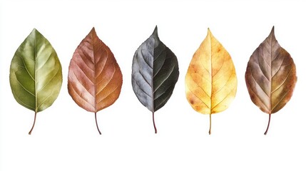 Leaves in various colors arranged on a white background illustrating seasonal changes and the beauty of nature's palette