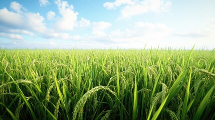 Obraz premium Aerial view of vibrant green rice field under a blue sky with fluffy clouds showcasing agricultural beauty and seasonal growth