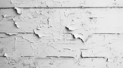 Peeling white paint on weathered wood surface highlighting texture and age of the rustic wall in a close-up perspective.