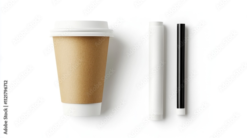 Poster Minimalistic top view of a disposable coffee cup with two colorful markers on a white background for creative design concepts.