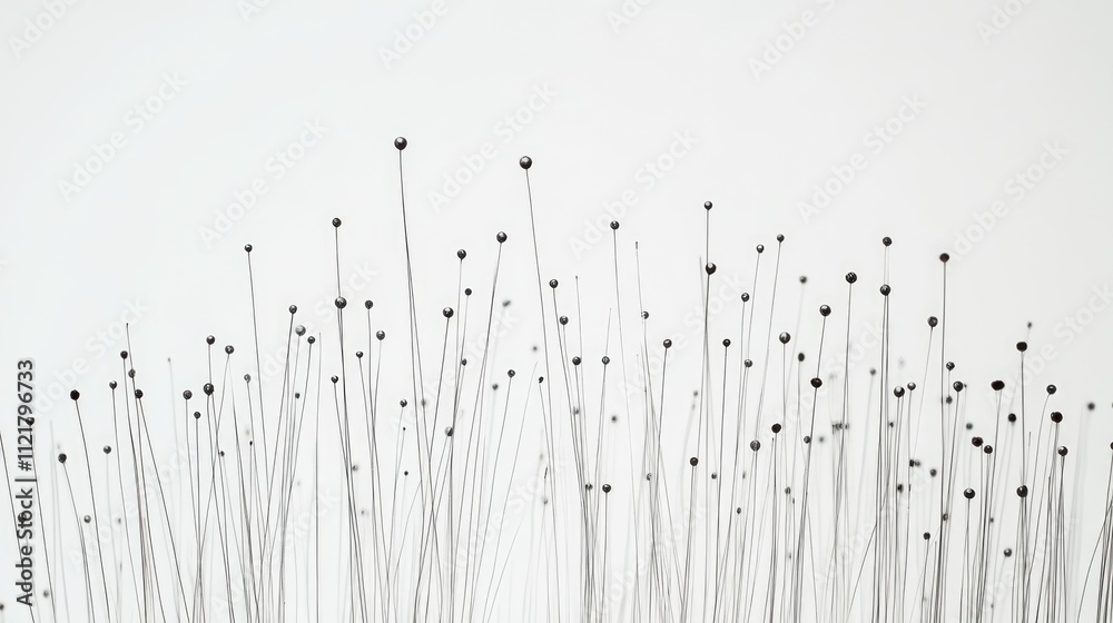 Poster Close-up of various sewing needles and colorful threads arranged artistically on a white background for crafting and design concepts.